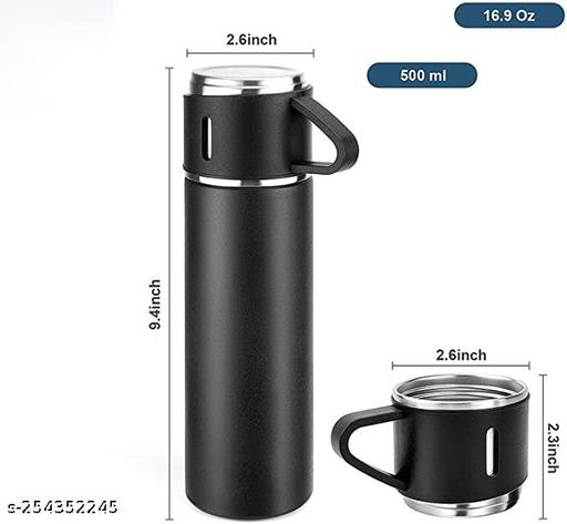Stainless Steel Vacuum Flask Set with 3 Steel Cups Combo for Coffee Hot Drink and Cold Water Flask Ideal Gifting Travel Friendly Latest Flask Bottle. 500ml   with Free Silicone Bottle Brush - asshoppie