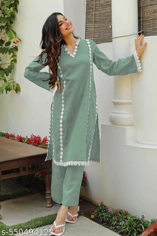 Elegant Grey Lace Kurta Set for Women | Stylish Kurta Pant Set for Daily & Festive Wear - Arvia