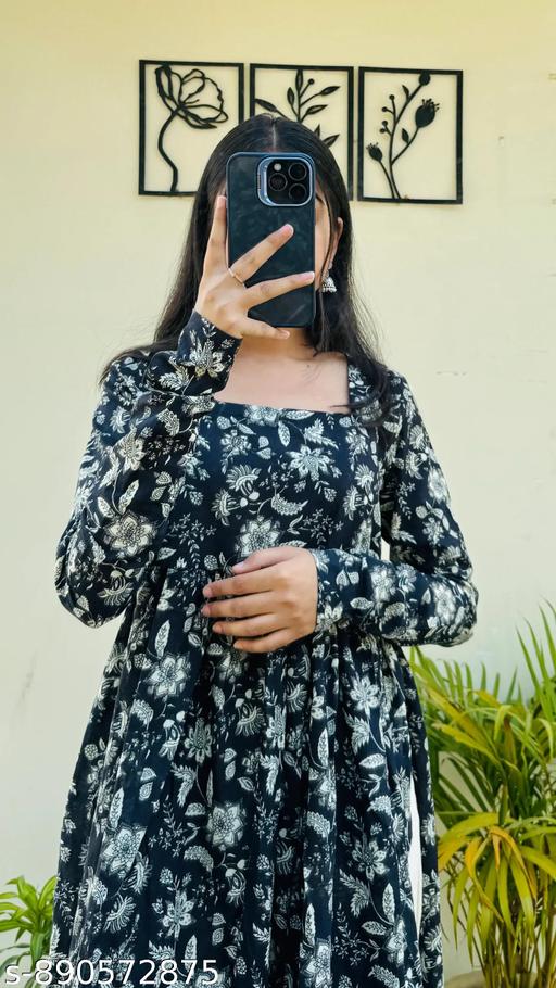 PRISH@ CREATION New Trendy Rayon Black Nayra Cut Floral Printed A-Line Long Kurti Full Sleeve Dress for Women - Arvia