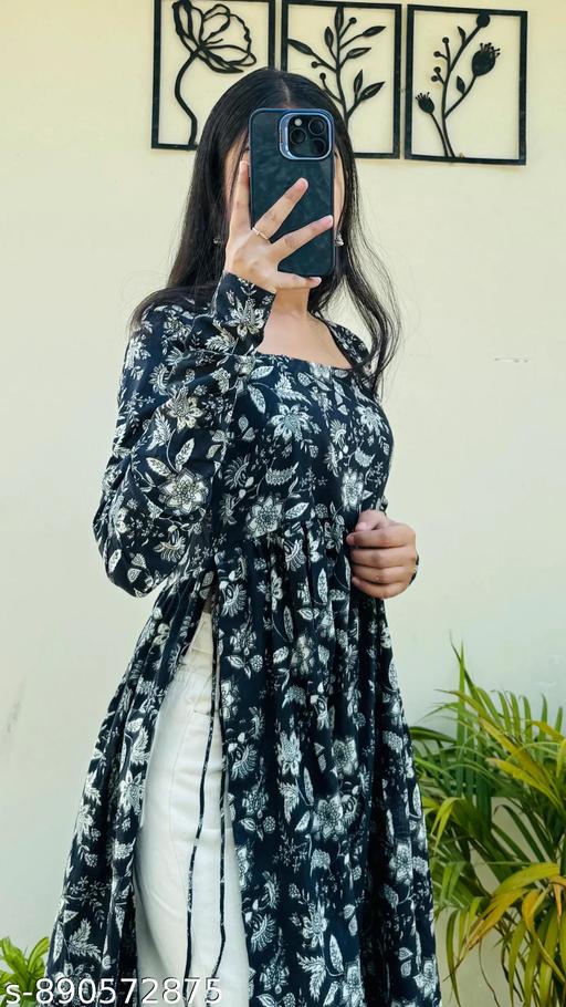 PRISH@ CREATION New Trendy Rayon Black Nayra Cut Floral Printed A-Line Long Kurti Full Sleeve Dress for Women - Arvia