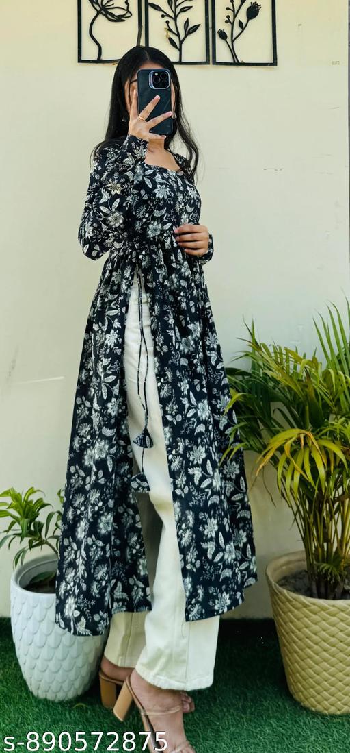PRISH@ CREATION New Trendy Rayon Black Nayra Cut Floral Printed A-Line Long Kurti Full Sleeve Dress for Women - Arvia