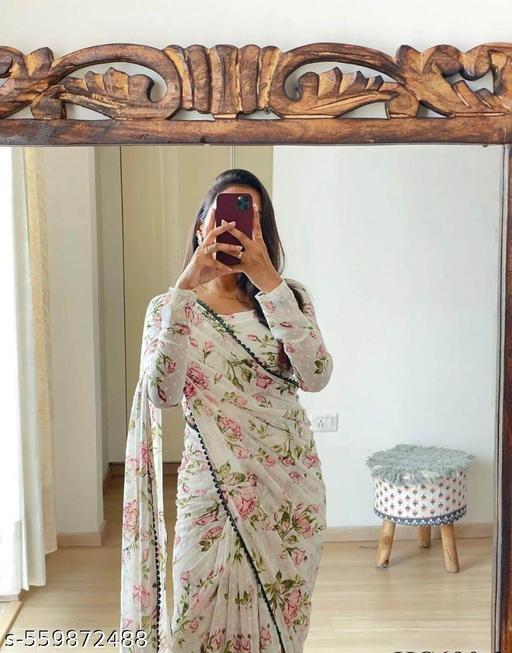 Floral Lace Border Georgette Saree For Women - Arvia