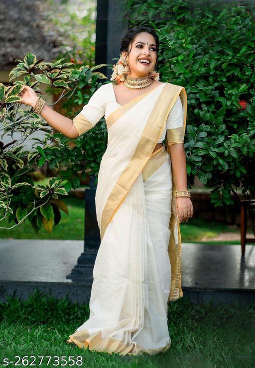 Kasavu Cotton Blend White Saree With Blouse - Arvia