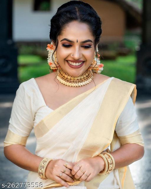 Kasavu Cotton Blend White Saree With Blouse - Arvia