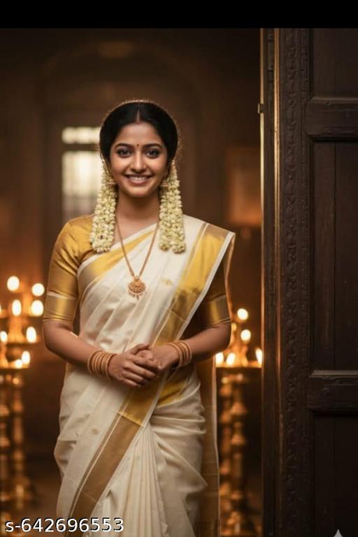 Kerala Style White Cotton Saree with Gold Border - Arvia