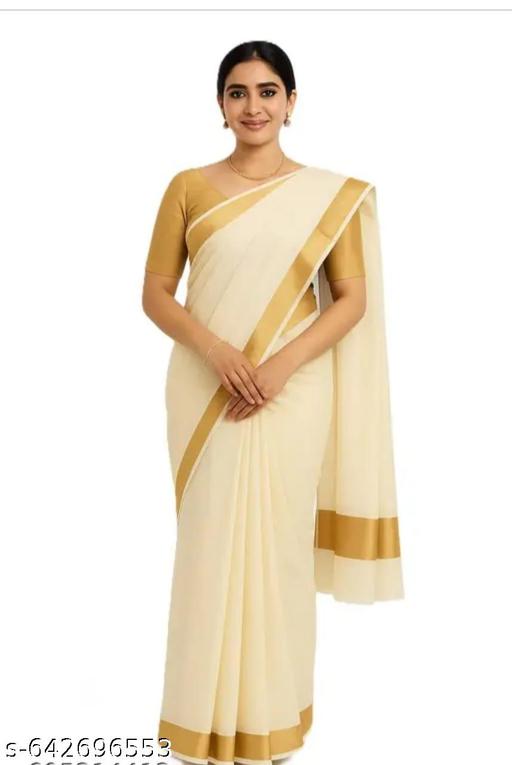 Kerala Style White Cotton Saree with Gold Border - Arvia