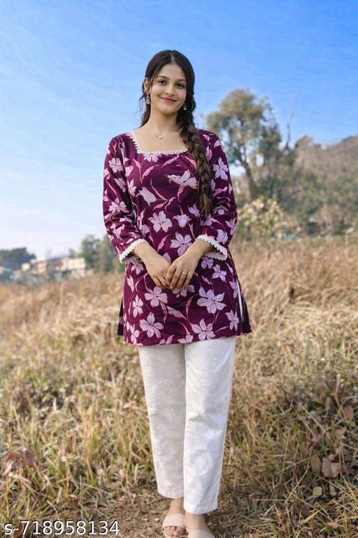 Wine corset printed floral short kurti  - Arvia