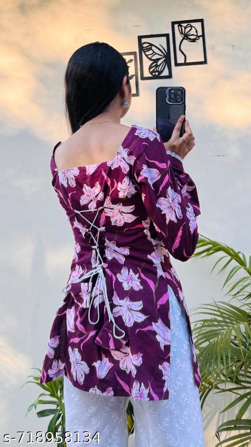 Wine corset printed floral short kurti  - Arvia
