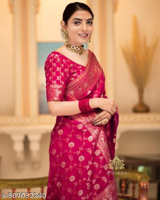 Pink Sreee With Blouse || Saree For Women || Trending Saree For Women || Bollywood Stylish Fancy Party Wear Wedding Festive Bridal Sari || Banarasi saree || Kanjiavaram saree || Silk saree || Pure silk saree - Arvia