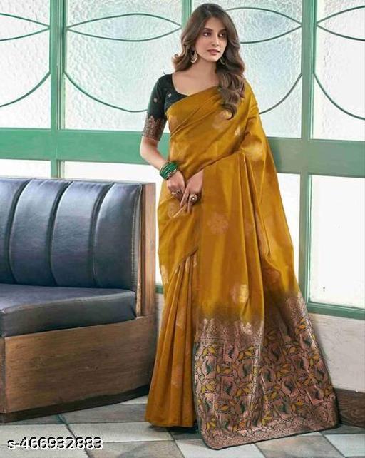 Trendy Jacquard Gold Zari Woven Litchi Silk Traditional Soft Banarasi Saree for Woman with Unstitched Running Blouse - Arvia