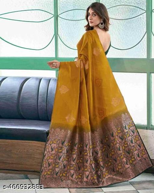 Trendy Jacquard Gold Zari Woven Litchi Silk Traditional Soft Banarasi Saree for Woman with Unstitched Running Blouse - Arvia