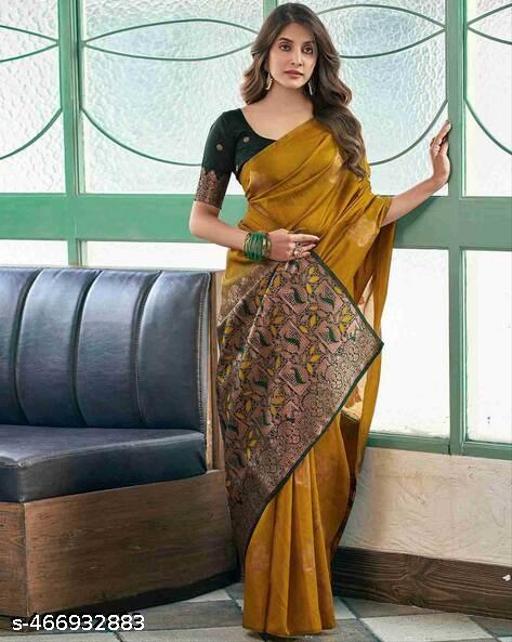 Trendy Jacquard Gold Zari Woven Litchi Silk Traditional Soft Banarasi Saree for Woman with Unstitched Running Blouse - Arvia