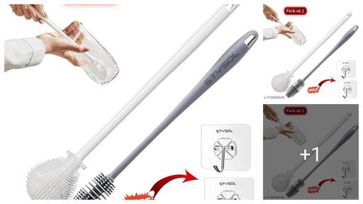 [Buy 1 Get 1 Free]  [Pack of 2 + 2 Free Hook] Bottle Cleaning Brush Silicone Long Handle for Baby Bottle, Water Bottle, Containers, Vase and Glassw, Bottle Cleaner for Home and Kitchen Accessories Item | Free Wall Hook