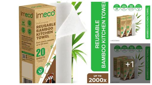 IMECO Reusable Bamboo Kitchen Towels - Eco-Friendly Tissue Roll (20 Sheets) | Soft, Highly Absorbent, and Durable - Lasts Up to 2000 Uses | Better Than Paper Towel | No Trees Cut! (Pack of 1)