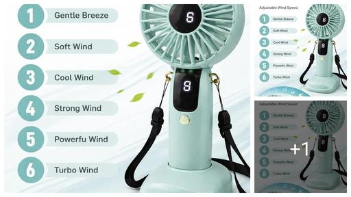 MINI FAN Portable Rechargeable Handheld Mini Fan with Digital Display | 6 Speed USB Charging Personal Cooling Fan | Lightweight Silent Table & Hand Fan (1200mAh Battery)