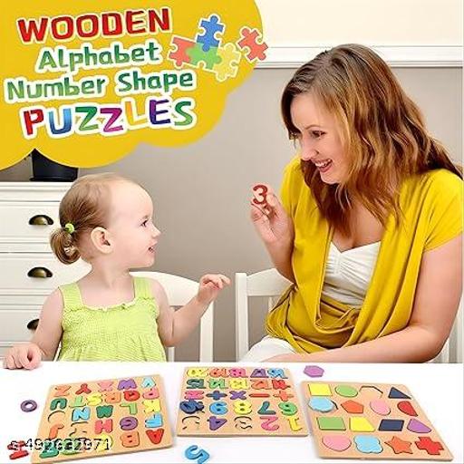 Colourful Wooden Puzzle Set for Kids: Capital Alphabets, Numbers and Shapes - Educational Learning Board for Toddlers and Preschoolers (ABCD, Numbers, Shapes) - Nova Cart