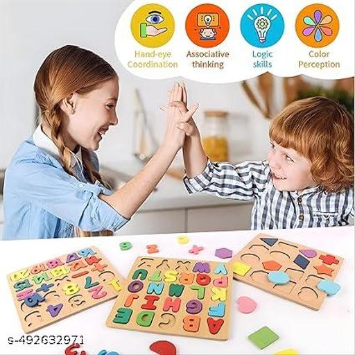 Colourful Wooden Puzzle Set for Kids: Capital Alphabets, Numbers and Shapes - Educational Learning Board for Toddlers and Preschoolers (ABCD, Numbers, Shapes) - Nova Cart