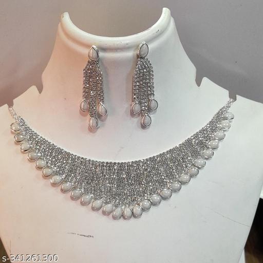 Silver diamond necklace set with white stone, fashion necklace for women and girls - Everinn