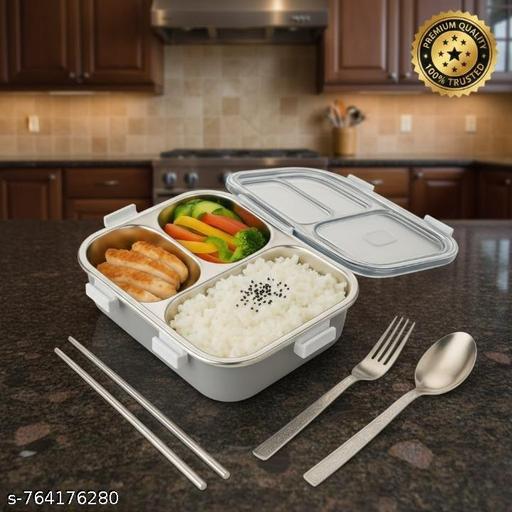 JIVEEX Stainless Steel 3-Compartment Lunch Box with Transparent Lid | Leak-Resistant Tiffin Box with Spoon, Fork & Chopsticks | Ideal for Office, School & Travel