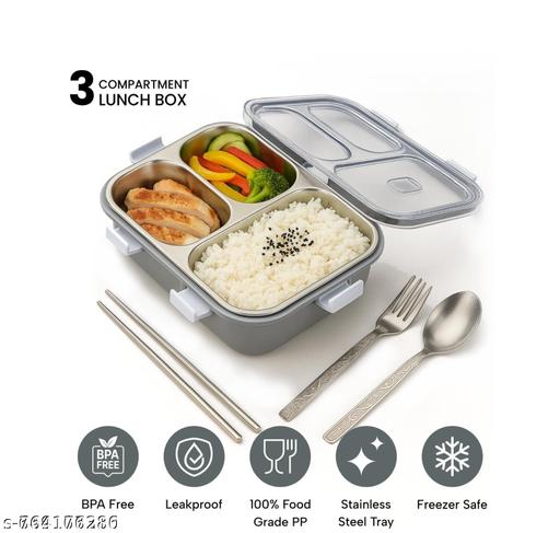 JIVEEX Stainless Steel 3-Compartment Lunch Box with Transparent Lid | Leak-Resistant Tiffin Box with Spoon, Fork & Chopsticks | Ideal for Office, School & Travel - LASH