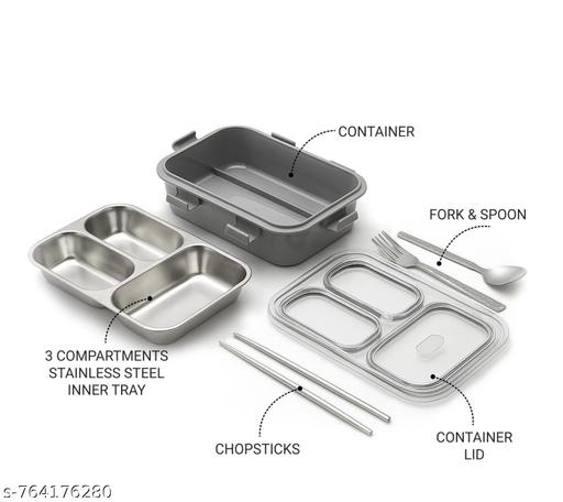 JIVEEX Stainless Steel 3-Compartment Lunch Box with Transparent Lid | Leak-Resistant Tiffin Box with Spoon, Fork & Chopsticks | Ideal for Office, School & Travel - LASH