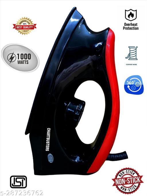 1000-Watt Dry Iron with American Heritage Non-Stick Sole Plate | Safety-Packed Electric Iron Press with Quick, Uniform Heating | 2-year Warranty (RED&BLACK) - Lumae