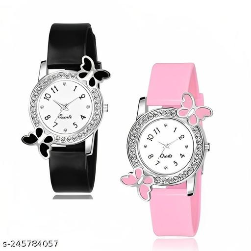Best Butterfly Multicolor Dial Analogue Stylish Silicon Strap Analoge Girls And Woman Combo Watches BLACK-PINK - Myshopic 