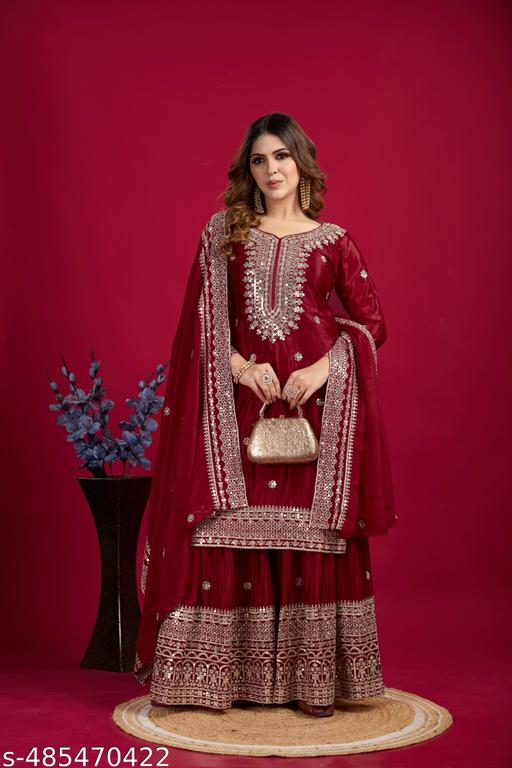 Presenting New Chinnon Silk With Heavy Embroidery Work Top-Plazo And Dupatta Set With Fully Stitched Ready To Wear Collection - Naira Cart