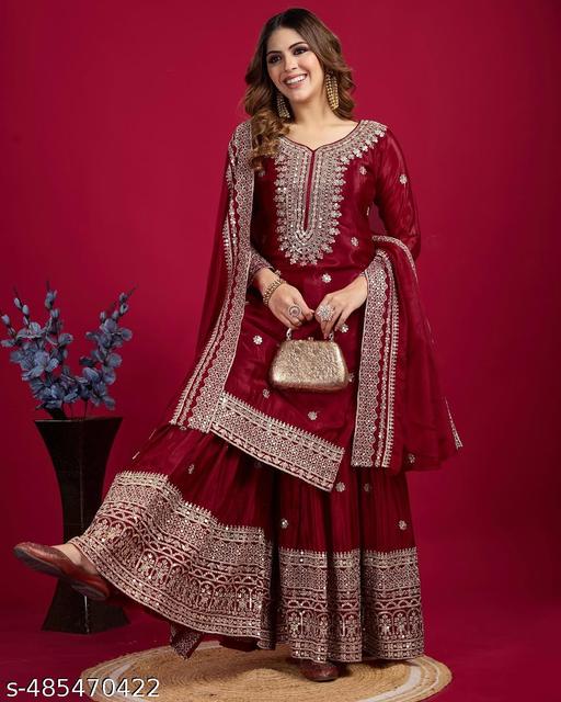 Presenting New Chinnon Silk With Heavy Embroidery Work Top-Plazo And Dupatta Set With Fully Stitched Ready To Wear Collection - Naira Cart