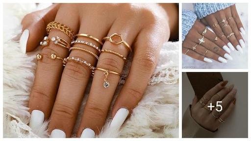 Gold Plated 8 Piece White Crystal Drop Heart Multi Designs Ring Set For Women & Girls