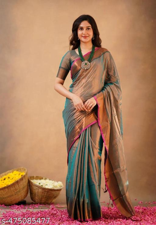 Woven Handloom 100% Pure Raga Tissue Cotton Saree - The Auric Edit