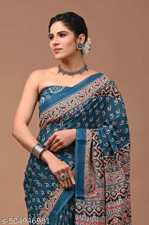 Rovim Women's Summer Special Jaipuri Hand Block Printed Pure Cotton Mulmul Saree with Unstitched Blouse Piece - The Auric Edit