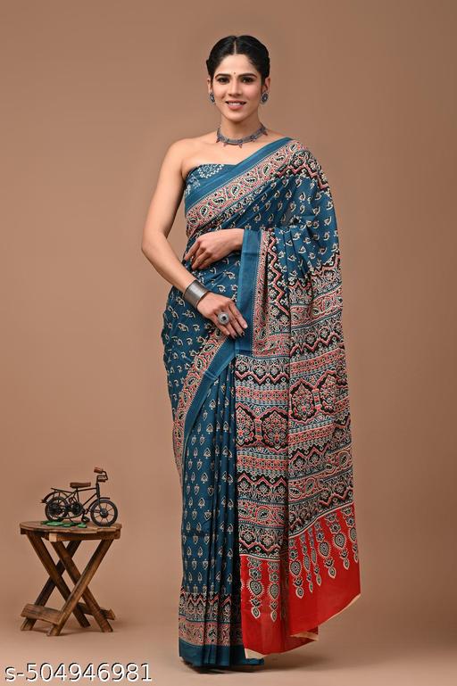 Rovim Women's Summer Special Jaipuri Hand Block Printed Pure Cotton Mulmul Saree with Unstitched Blouse Piece - The Auric Edit