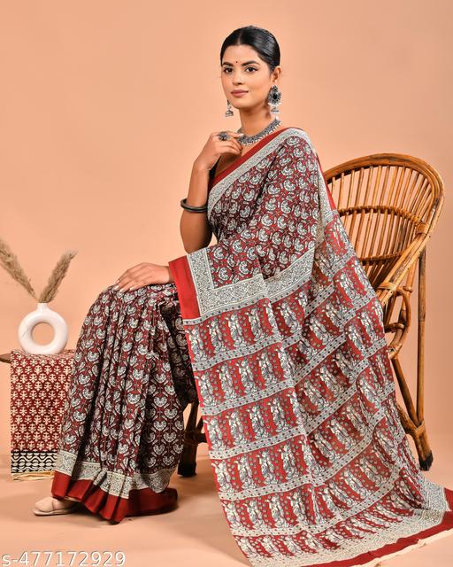 HAND BLOCK PRINTED SOFT COTTON MULMUL BAGRU PRINT SAREE WITH BEAUTIFUL ATTACHED BLOUSE - The Auric Edit