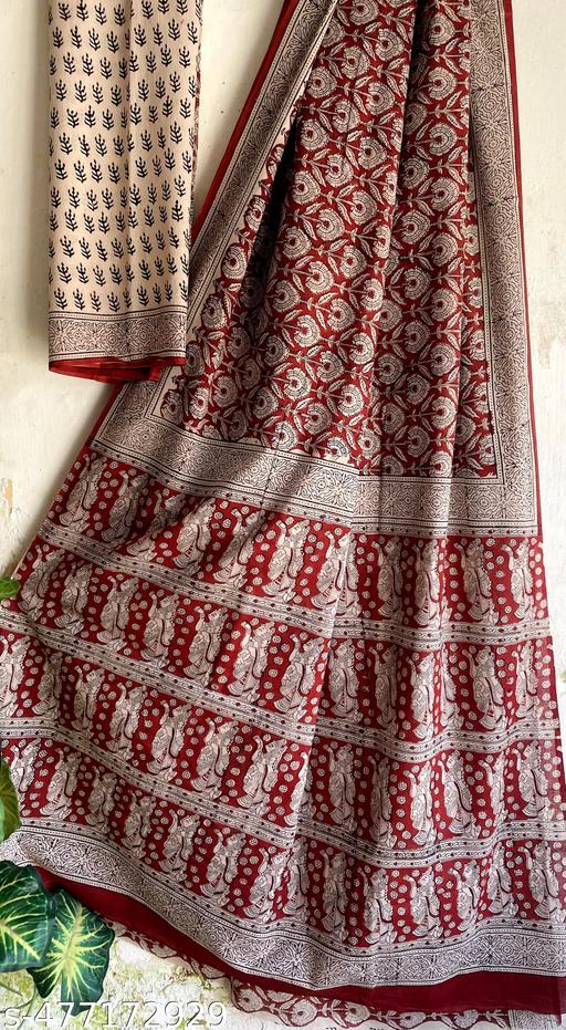 HAND BLOCK PRINTED SOFT COTTON MULMUL BAGRU PRINT SAREE WITH BEAUTIFUL ATTACHED BLOUSE - The Auric Edit