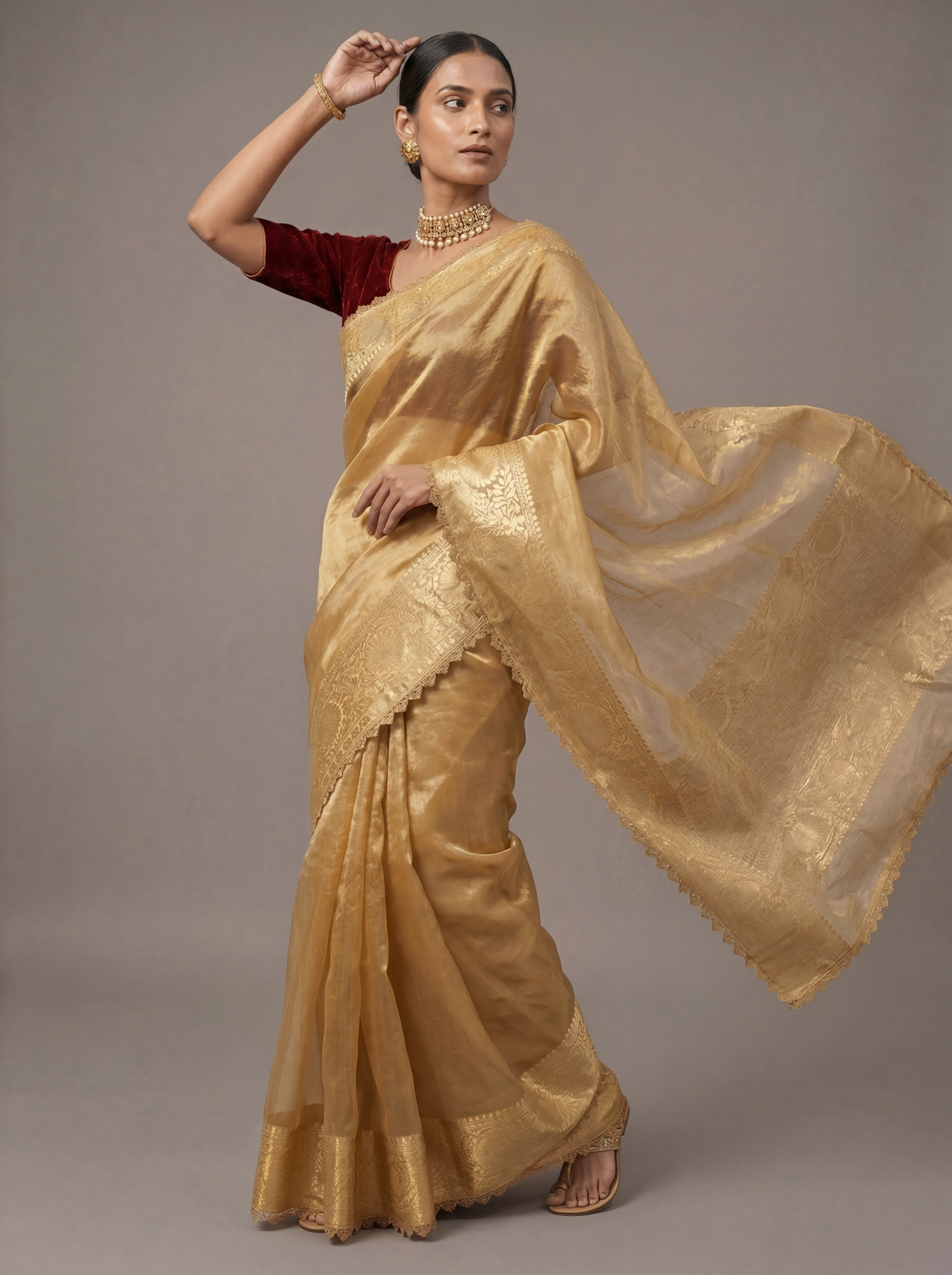kanchi tissue zari saree with lace border - The Auric Edit