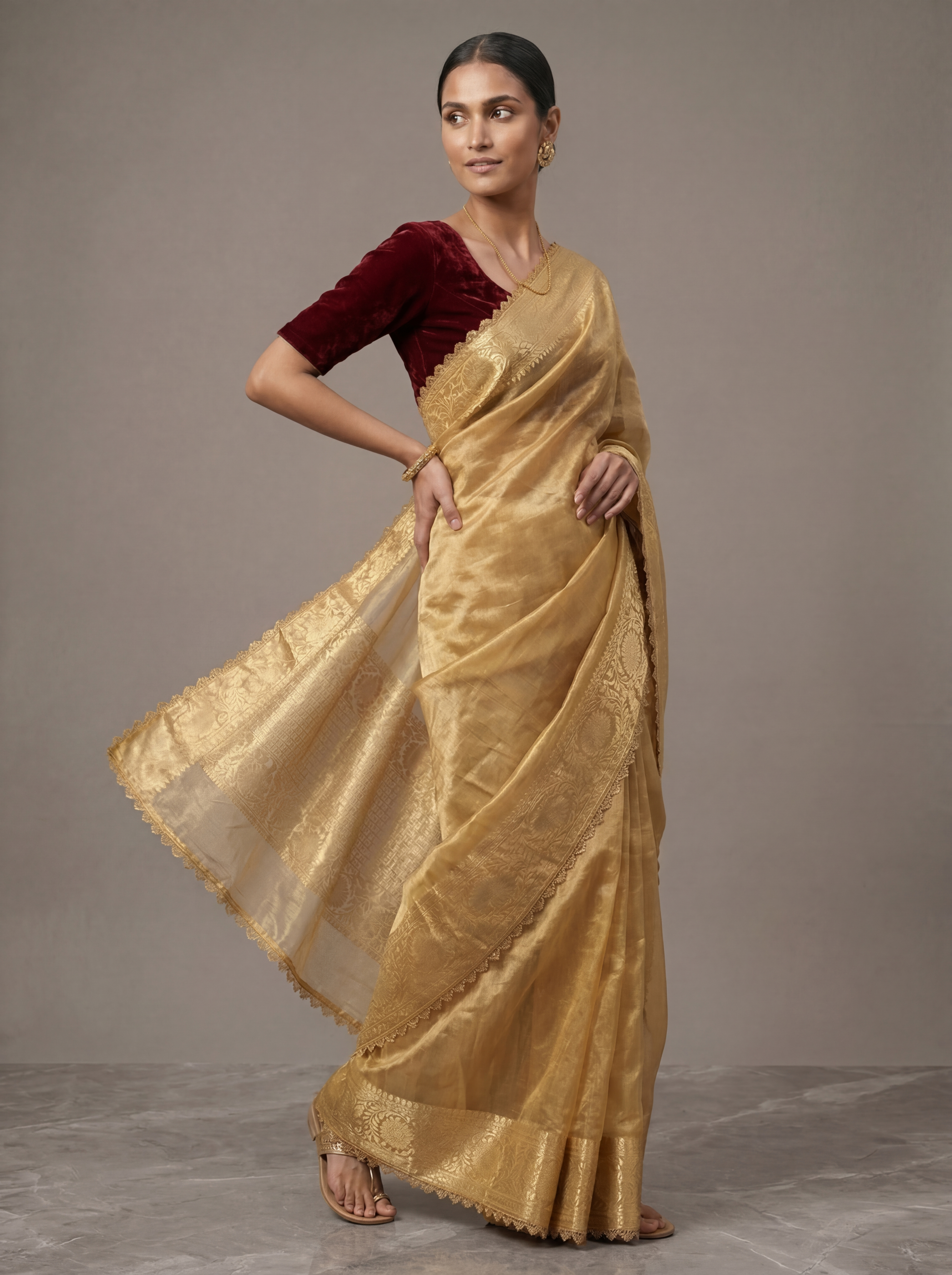 kanchi tissue zari saree with lace border - The Auric Edit