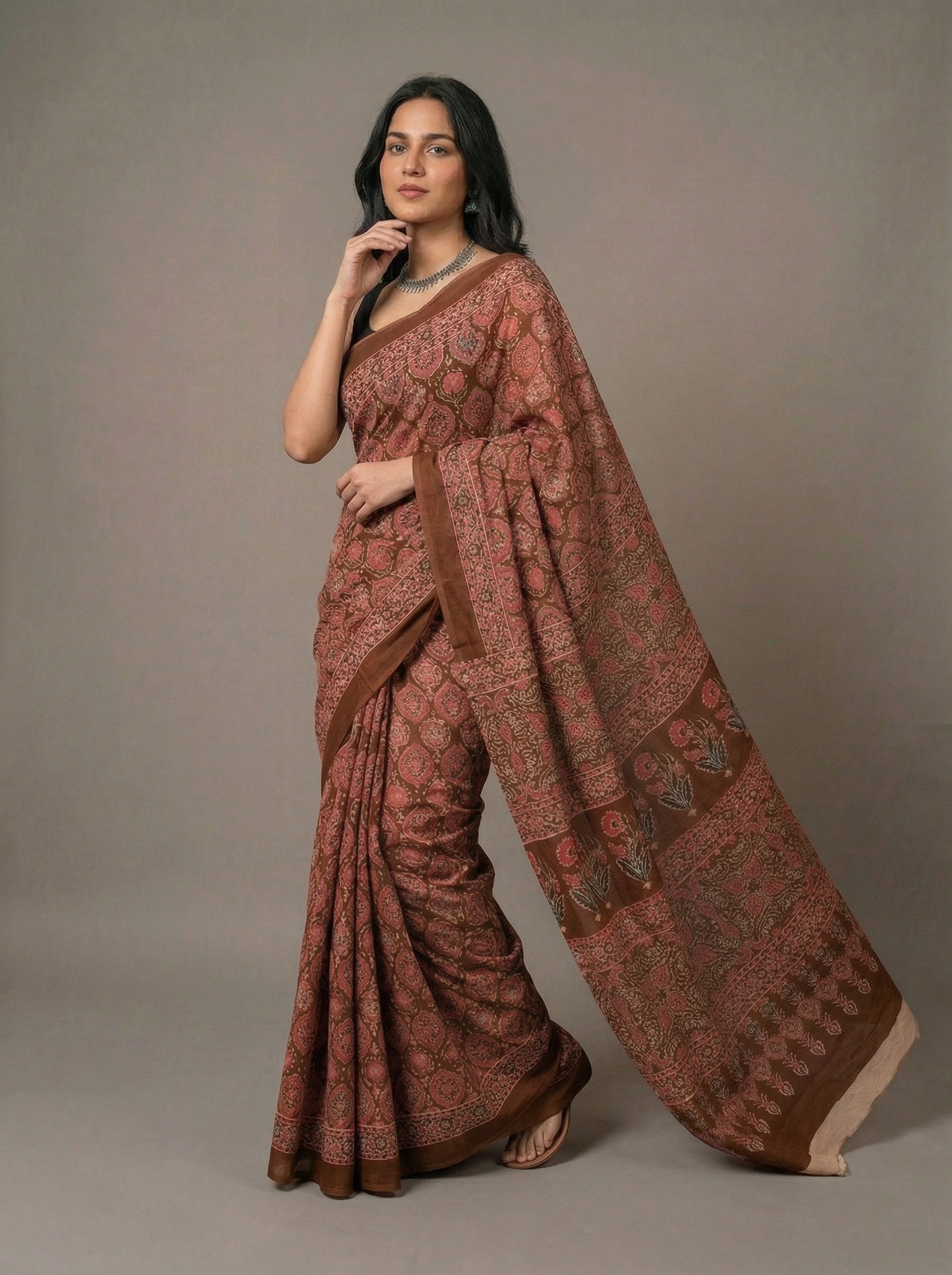 Rovim Women's Hand Block Indigo Printed Cotton Mulmul Saree with blouse  - The Auric Edit