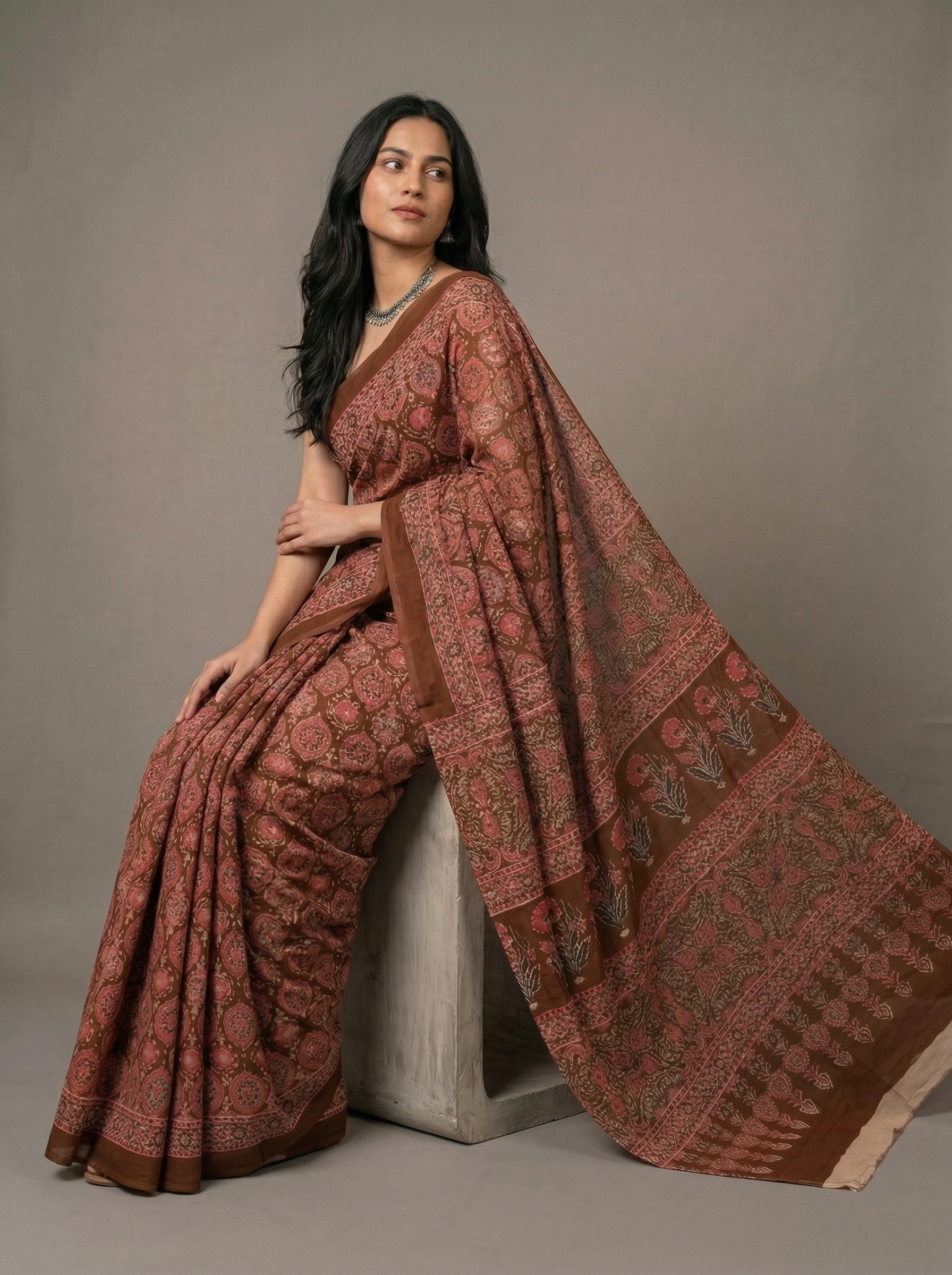 Rovim Women's Hand Block Indigo Printed Cotton Mulmul Saree with blouse  - The Auric Edit