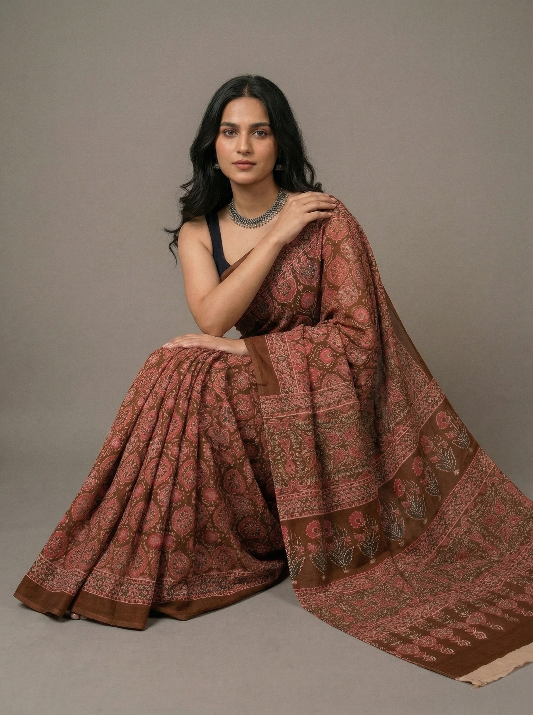 Rovim Women's Hand Block Indigo Printed Cotton Mulmul Saree with blouse  - The Auric Edit