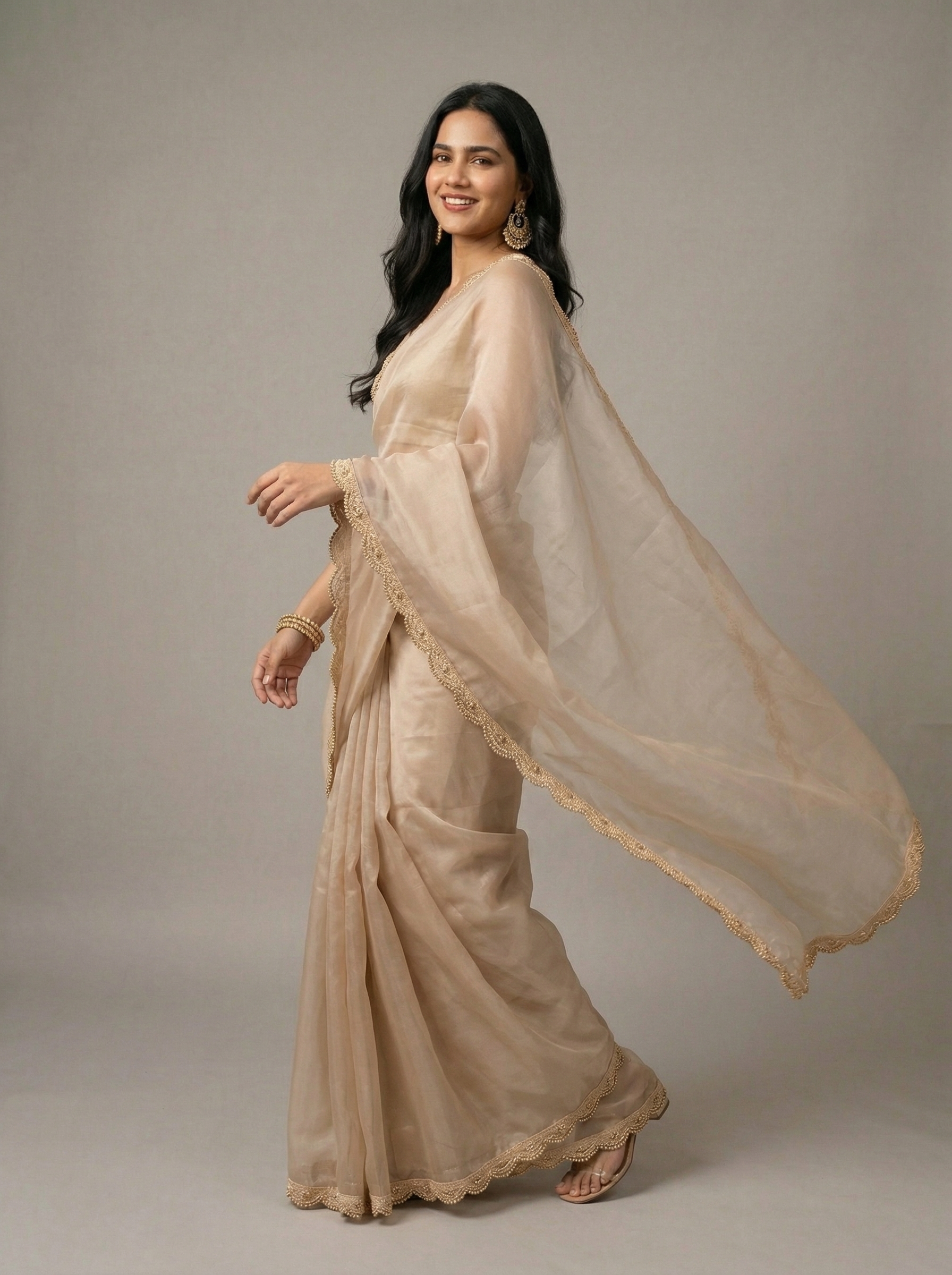 Organza Net Celebrity Sheer Saree with Pearl Weave Golden Lace Border and Designer Running Blouse