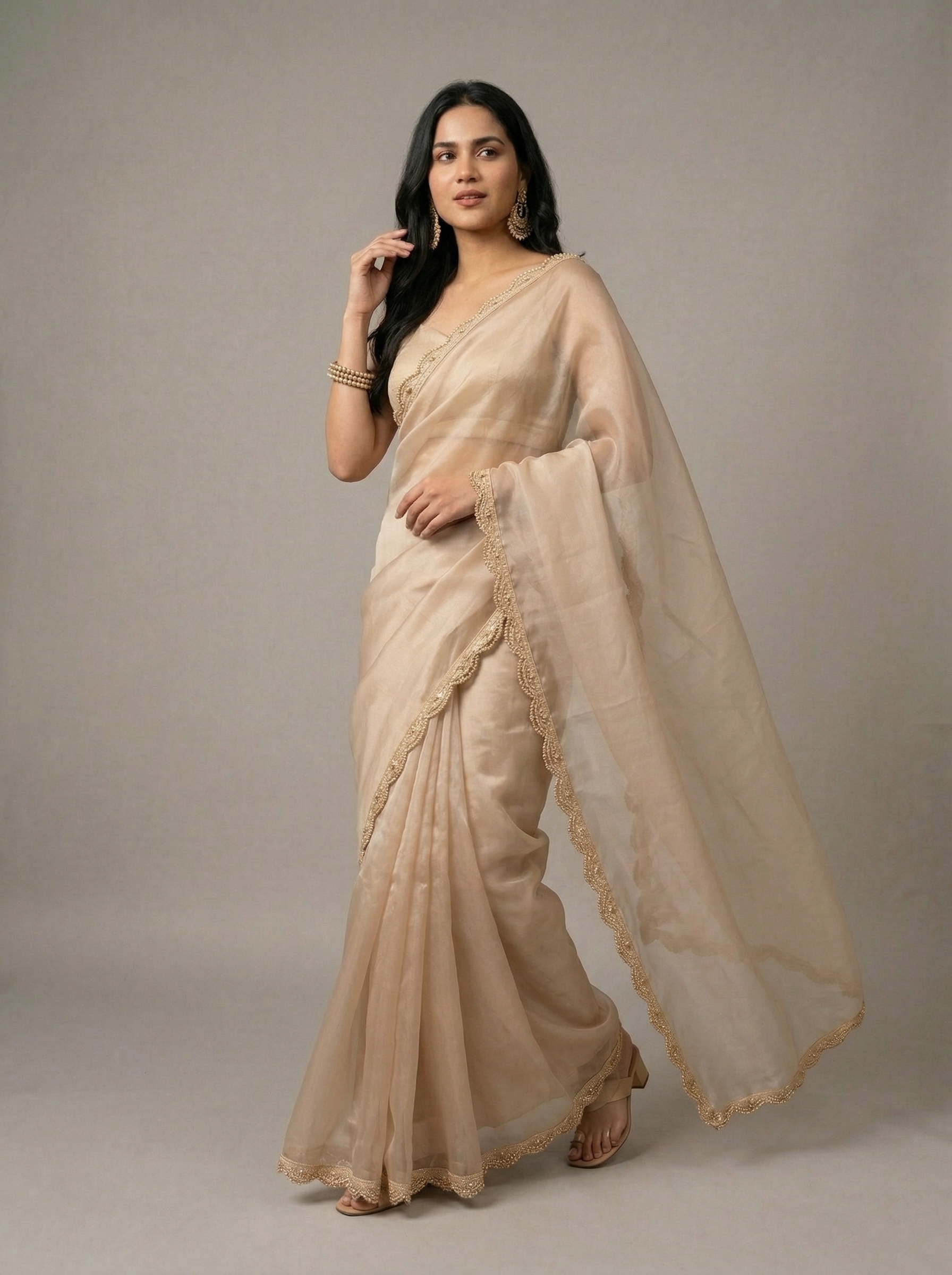 Organza Net Celebrity Sheer Saree with Pearl Weave Golden Lace Border and Designer Running Blouse - The Auric Edit