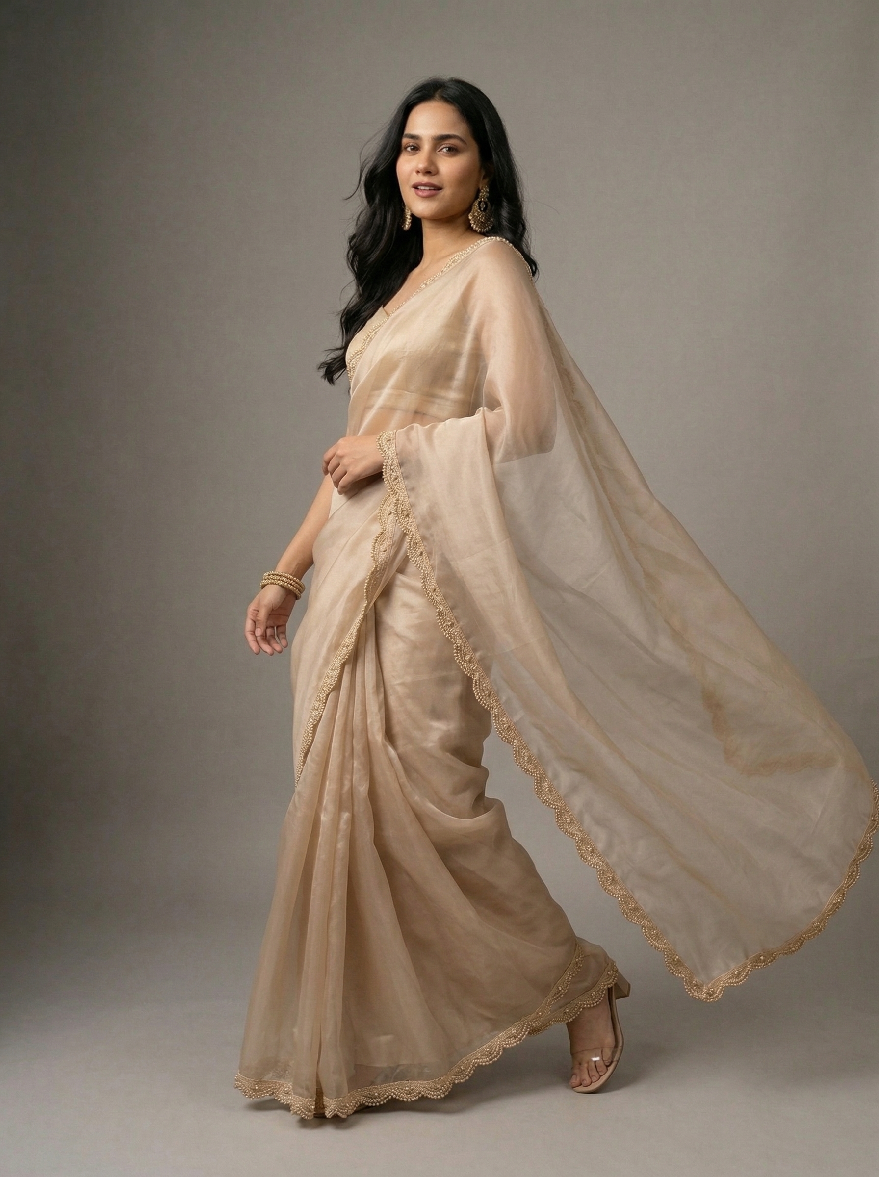 Organza Net Celebrity Sheer Saree with Pearl Weave Golden Lace Border and Designer Running Blouse - The Auric Edit