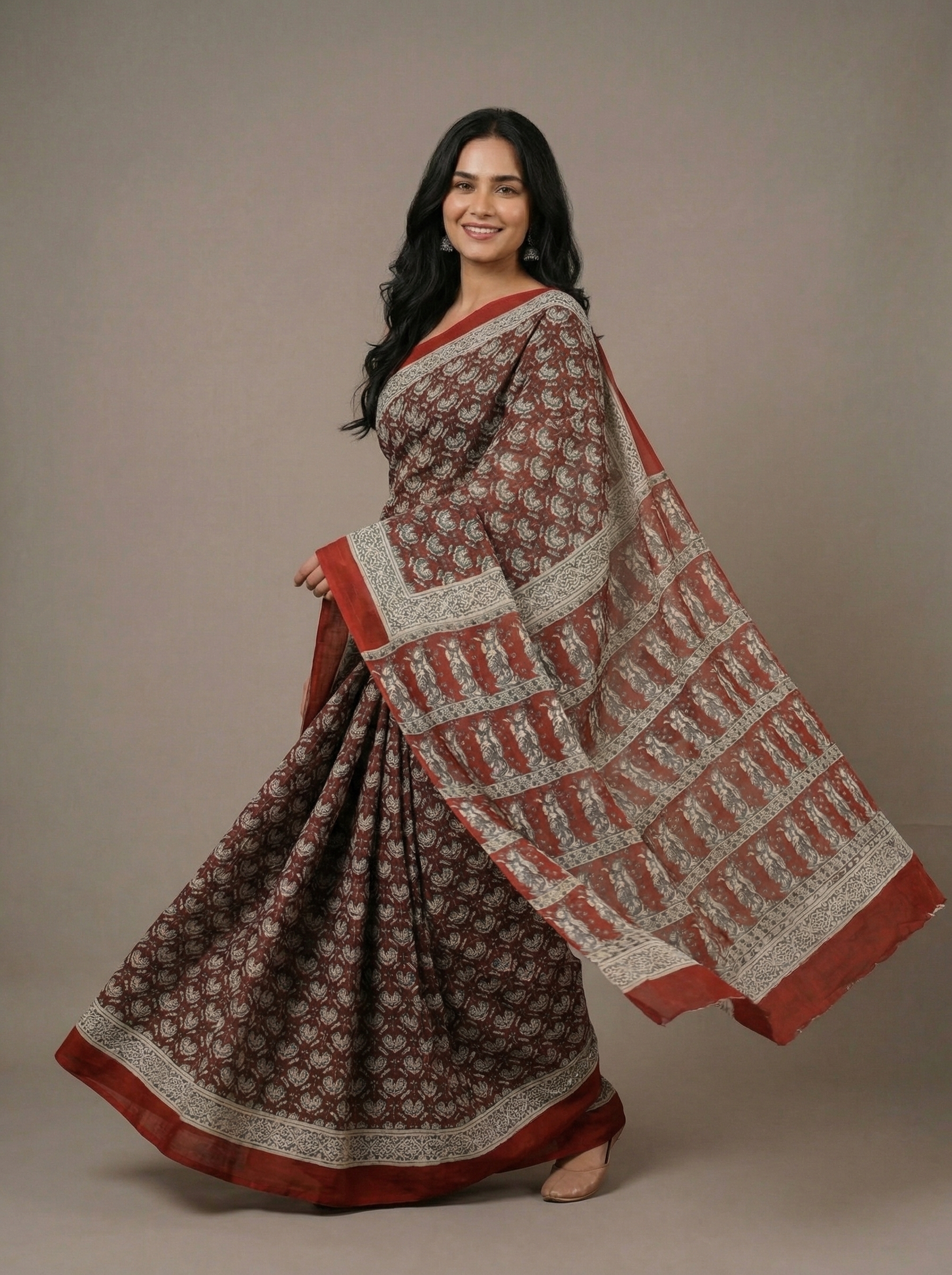 Elegant Bagru Handblock Printed Cotton Mulmul Saree with Blouse – Soft Artisanal Wear
