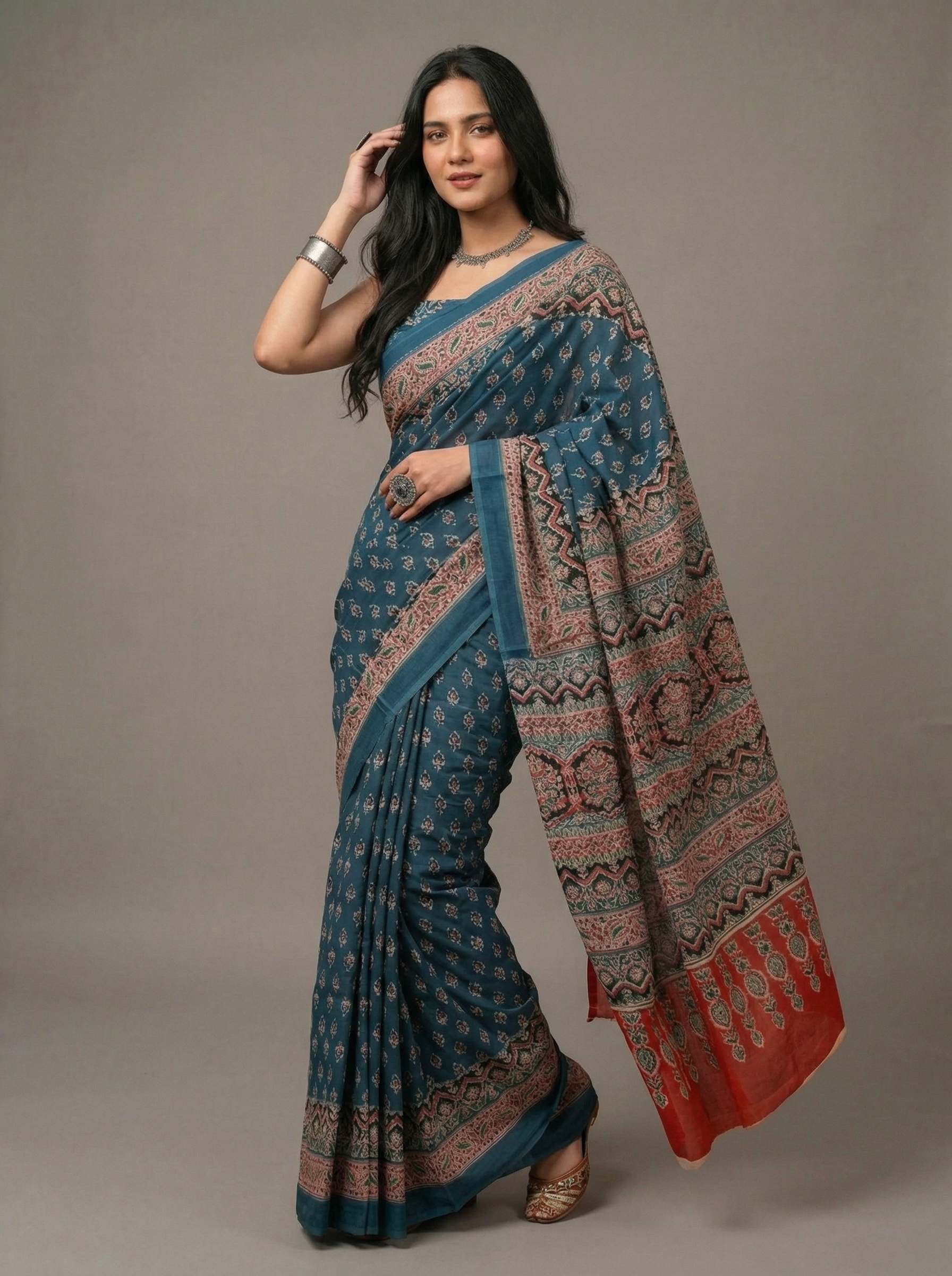 Elegant Jaipuri Handblock Printed Cotton Mulmul Saree with Blouse – Soft Artistic Everyday Wear