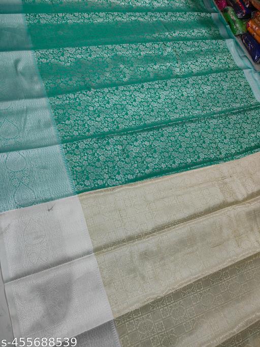 Premium Quality 100% Pure Kanjeevaram Brocade Silk Sarees With Grand Contrast Silver Zari Woven Pallu and Blouse Piece / Special Samuthrika and Vasthrakala Type Bridal Kanjivaram Brocade Pattu Silk Sarees  - amamestyle