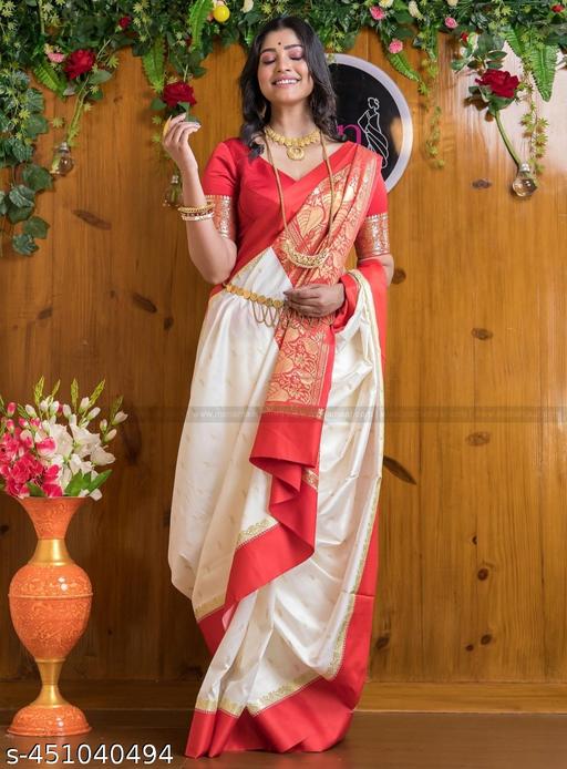 Get This Ravishing Garad Kanjivaram Silk Sarees With Zari Woven Red Pallu and Separate Blouse Piece  / Garad Silk Sarees/ Garod Silk Sarees/ Kanjivaram Silk Sarees/ Special Traditional Pujo Bengali Saree - amamestyle