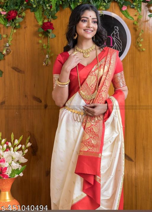 Get This Ravishing Garad Kanjivaram Silk Sarees With Zari Woven Red Pallu and Separate Blouse Piece  / Garad Silk Sarees/ Garod Silk Sarees/ Kanjivaram Silk Sarees/ Special Traditional Pujo Bengali Saree - amamestyle