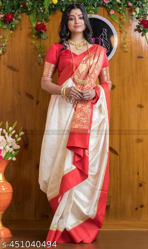 Get This Ravishing Garad Kanjivaram Silk Sarees With Zari Woven Red Pallu and Separate Blouse Piece  / Garad Silk Sarees/ Garod Silk Sarees/ Kanjivaram Silk Sarees/ Special Traditional Pujo Bengali Saree - amamestyle