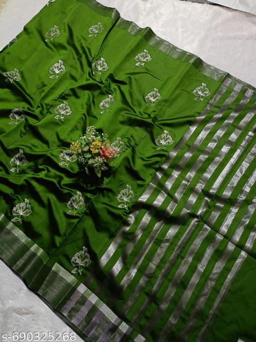 Banarsi Silk Saree With Atterective  Leaf  Embroidery Full work - amamestyle